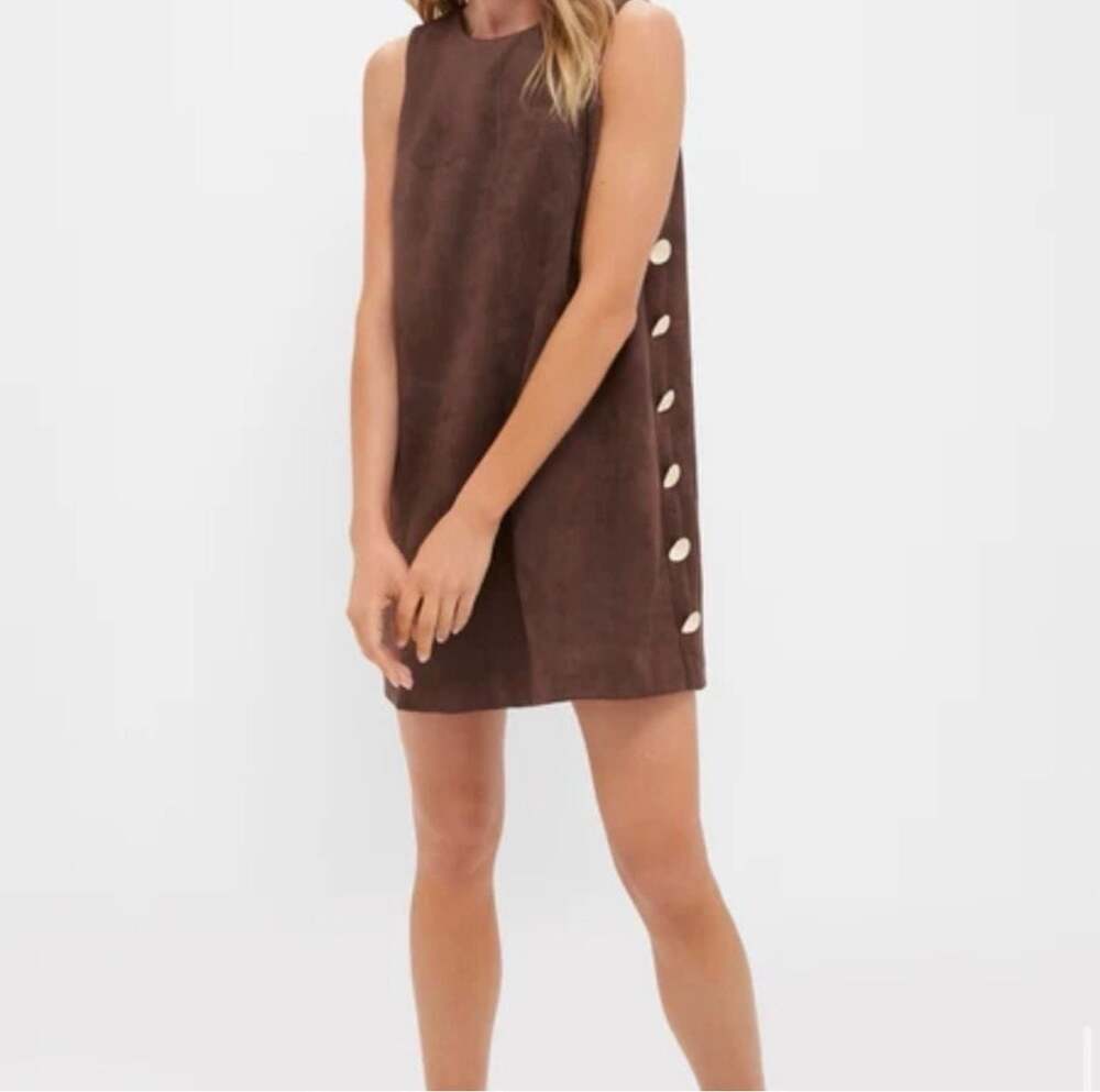 Hyacinth House Brown Faux Suede Shift Dress Size M Sleeveless Button Side Mini